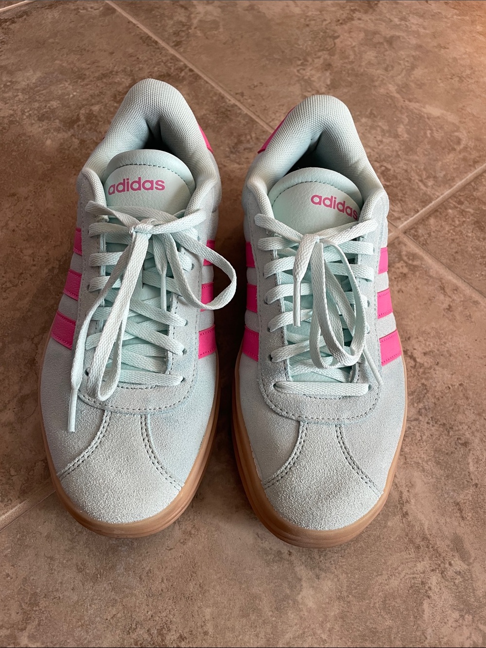 adidas Mint Green Suede Sneakers with Pink Stripes
